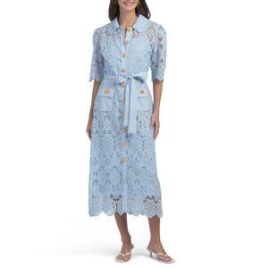 NANCY YANG Blue Lace Button Down Midi Dress